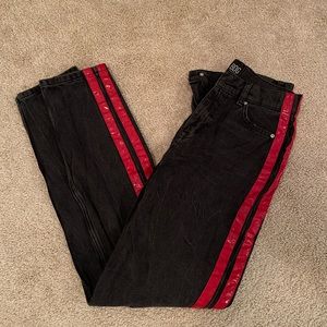 BDG Urban Outfitters black mom jeans with red leather stripes, size 27